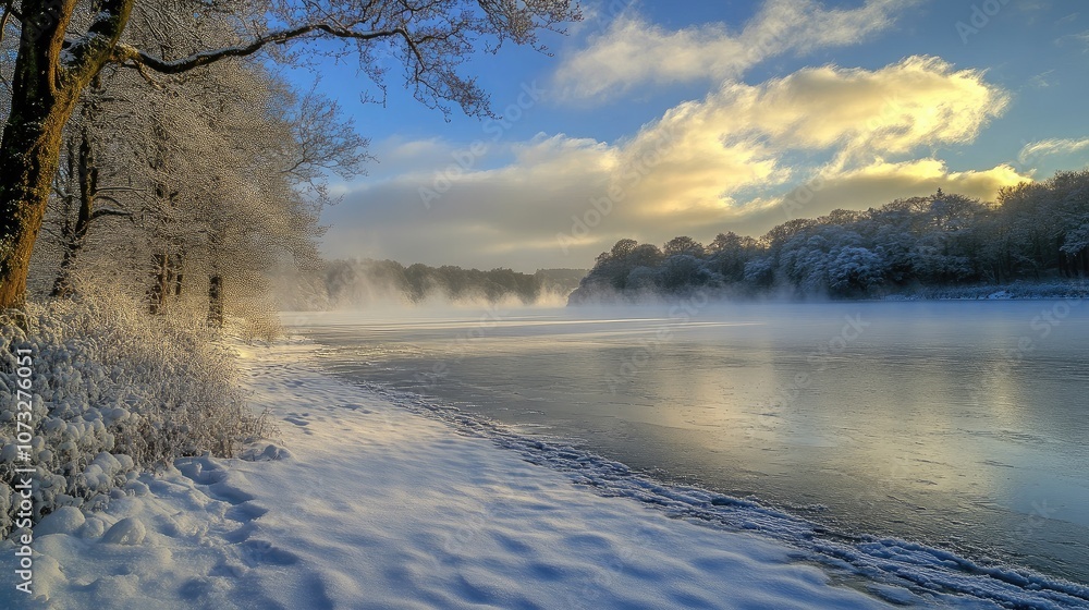 A frozen lake with a snowy shoreline, mist rising from the ice in the early morning A frozen lake with a snowy shoreline, mist rising from the ice in the early morning