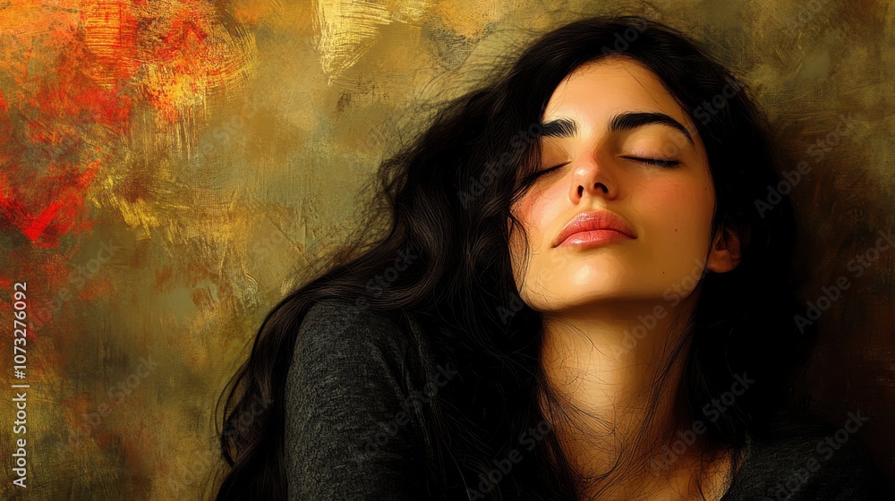 Serene Young Woman with Dark Hair Posing Gracefully Against a Textured Background Featuring Warm Earthy Tones and Subtle Abstract Patterns Serene Young Woman with Dark Hair Posing Gracefully Against a Textured Background Featuring Warm Earthy Tones and Subtle Abstract Patterns
