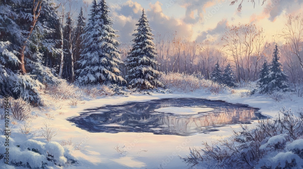 A peaceful winter landscape with a small frozen pond surrounded by trees blanketed in snow A peaceful winter landscape with a small frozen pond surrounded by trees blanketed in snow