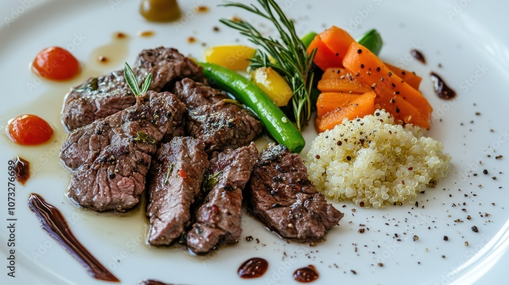 Gourmet Grilled Beef with Colorful Vegetables and Herb Garnish on Elegant Plate for Fine Dining Presentation in Modern Culinary Art Gourmet Grilled Beef with Colorful Vegetables and Herb Garnish on Elegant Plate for Fine Dining Presentation in Modern Culinary Art