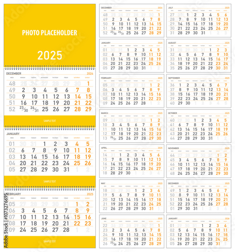 vector illustration, wall quarterly calendar 2025 with week numbers starting from Monday