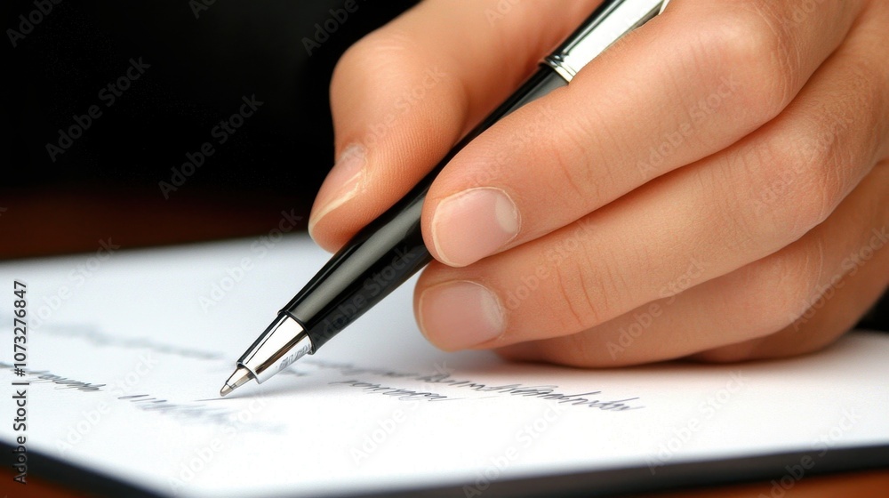 Close-Up of a Hand Holding a Black Pen While Writing on a Blank Sheet of Paper in a Professional Setting, Emphasizing Focus and Attention to Detail Close-Up of a Hand Holding a Black Pen While Writing on a Blank Sheet of Paper in a Professional Setting, Emphasizing Focus and Attention to Detail