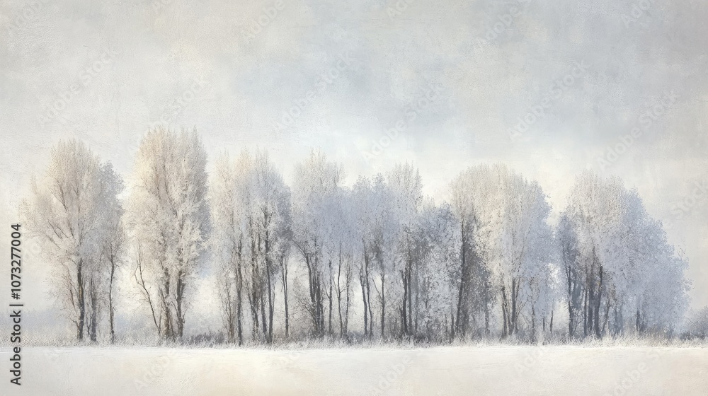 A row of trees covered in frost and snow, with a pale winter sky overhead and soft light filtering through A row of trees covered in frost and snow, with a pale winter sky overhead and soft light filtering through