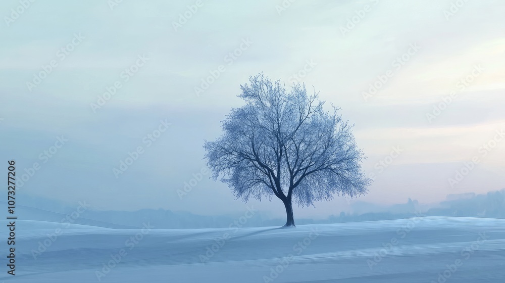 A serene winter landscape with a snow-covered field and a lone tree silhouetted against the sky A serene winter landscape with a snow-covered field and a lone tree silhouetted against the sky