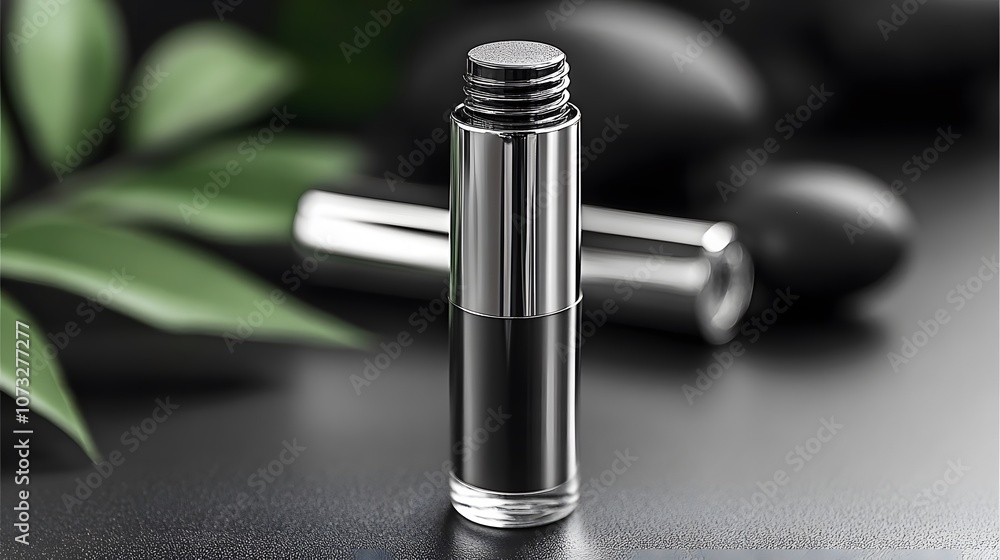 Sleek Cosmetic Bottle with Glossy Finish and Green Leaves Sleek Cosmetic Bottle with Glossy Finish and Green Leaves