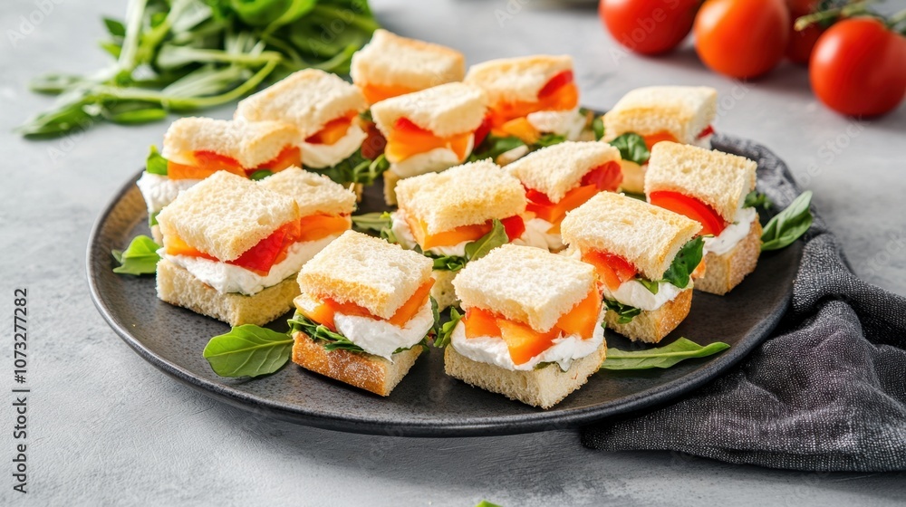 Elegant Presentation of Mini Sandwiches on a Round Plate Surrounded by Fresh Ingredients for Appetizing and Healthy Snack Ideas Elegant Presentation of Mini Sandwiches on a Round Plate Surrounded by Fresh Ingredients for Appetizing and Healthy Snack Ideas