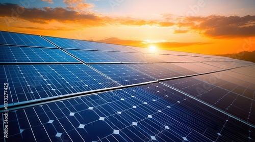 Sunset over solar panels, showcasing renewable energy and sustainability as the sun sets on a bright horizon. photo