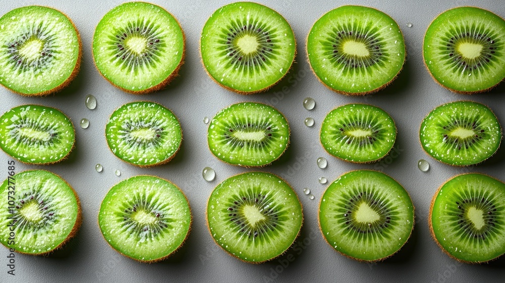 Fresh kiwi fruit slices arranged in rows with water droplets on a gray background. Fresh kiwi fruit slices arranged in rows with water droplets on a gray background.