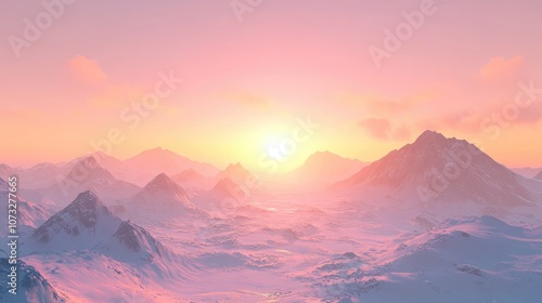 A snow-covered mountain range with the sun rising over the peaks, creating a peaceful glow over the landscape