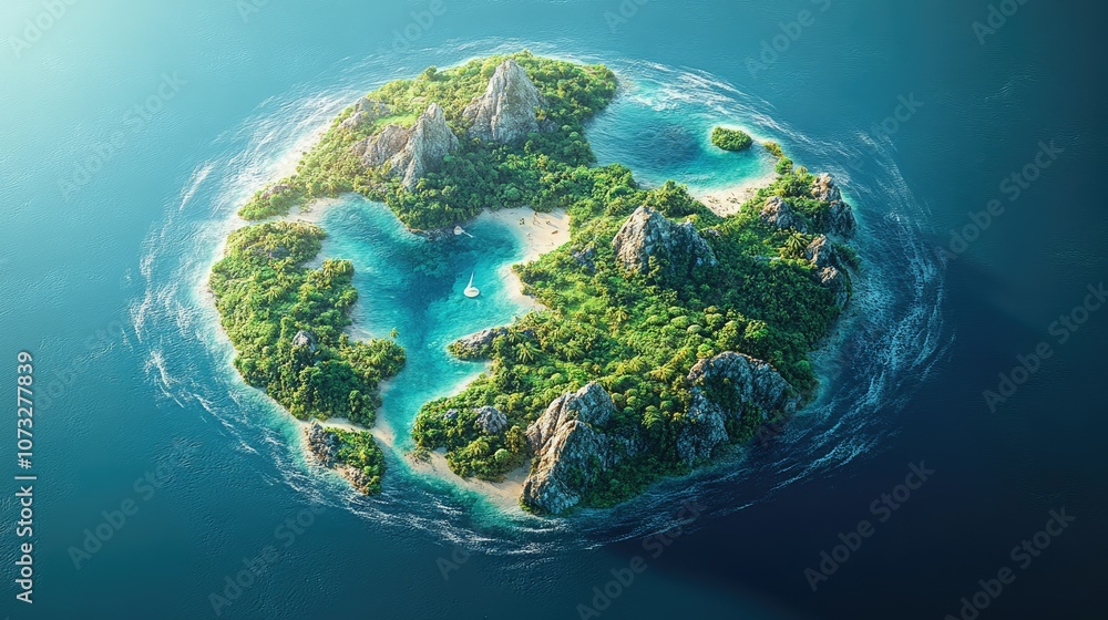 Fototapeta premium A tropical island with white sand beaches, lush green vegetation, and rocky cliffs surrounded by turquoise water.