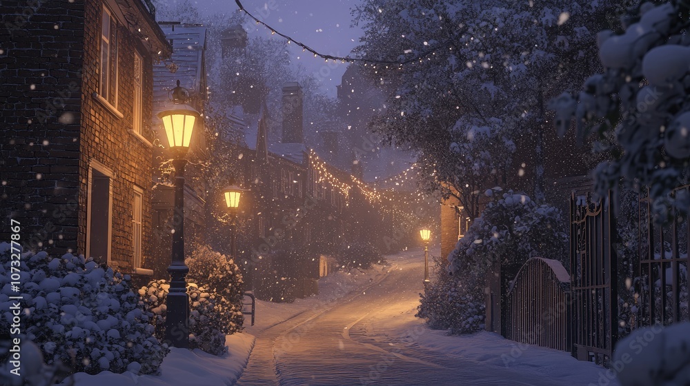 A snow-covered street with old streetlamps casting soft light onto a winter wonderland scene A snow-covered street with old streetlamps casting soft light onto a winter wonderland scene