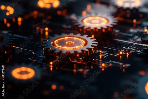 Close-up of glowing gears and circuits