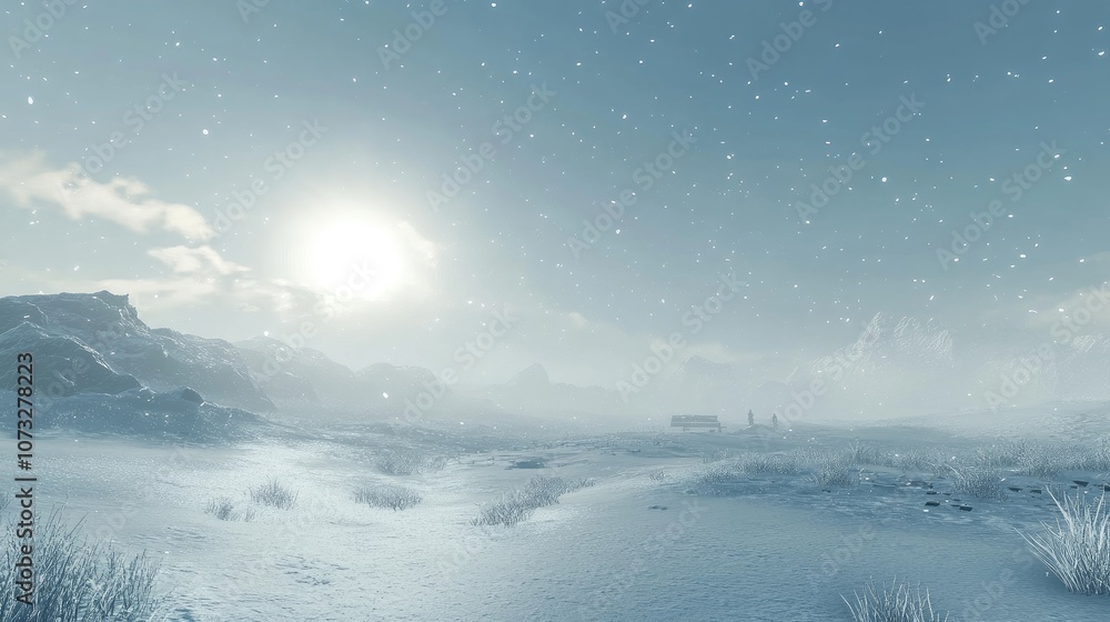 A soft, misty snowfall falling over a vast, empty snow-covered plain in a tranquil winter setting A soft, misty snowfall falling over a vast, empty snow-covered plain in a tranquil winter setting