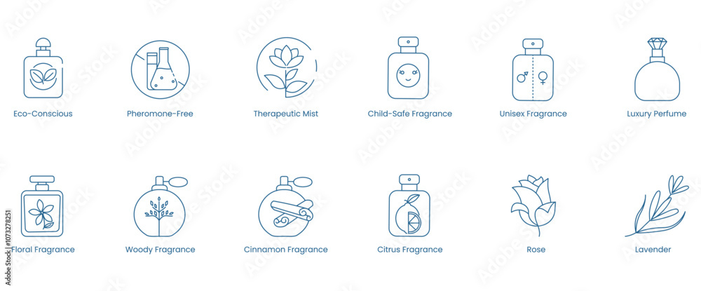Vector Icons for Eco-Conscious, Pheromone-Free, Therapeutic Mist, Child-Safe Fragrance, Unisex Fragrance, Luxury Perfume, Floral, Woody, Cinnamon, Citrus, Rose, and Lavender Fragrances Vector Icons for Eco-Conscious, Pheromone-Free, Therapeutic Mist, Child-Safe Fragrance, Unisex Fragrance, Luxury Perfume, Floral, Woody, Cinnamon, Citrus, Rose, and Lavender Fragrances