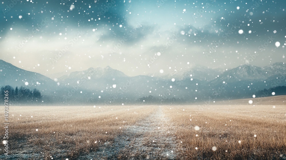 A soft snowstorm drifting over an empty winter field with a distant mountain range in the background A soft snowstorm drifting over an empty winter field with a distant mountain range in the background