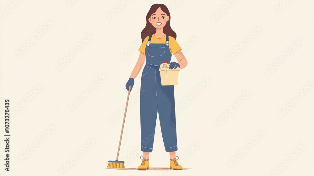 Cheerful young woman in blue overalls holding a cleaning bucket with supplies and a broom, ready to tackle household chores with a smile and positive attitude Cheerful young woman in blue overalls holding a cleaning bucket with supplies and a broom, ready to tackle household chores with a smile and positive attitude