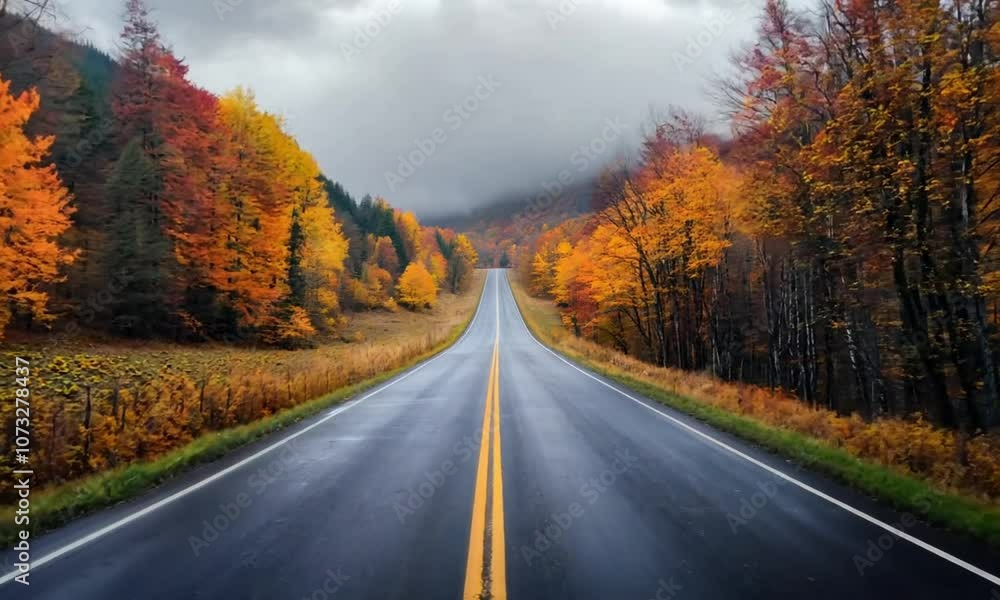 Scenic Autumn Road with Vibrant Foliage and Dramatic Sky in a Serene Forest Landscape Scenic Autumn Road with Vibrant Foliage and Dramatic Sky in a Serene Forest Landscape