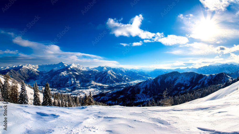 A breathtaking panoramic view of snow-covered mountains under a clear blue sky, showcasing the beauty of winter landscapes in a serene and tranquil setting. A breathtaking panoramic view of snow-covered mountains under a clear blue sky, showcasing the beauty of winter landscapes in a serene and tranquil setting.