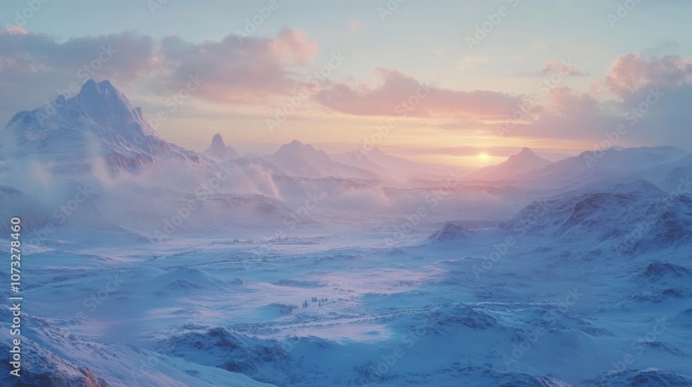 A vast snow-covered landscape with mountains in the distance and the faint glow of the winter sun on the horizon A vast snow-covered landscape with mountains in the distance and the faint glow of the winter sun on the horizon