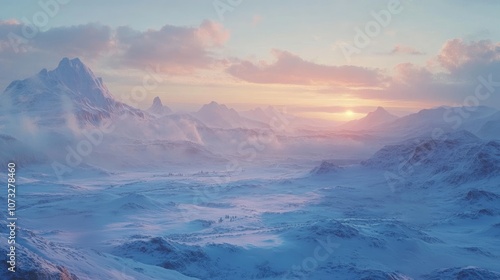 A vast snow-covered landscape with mountains in the distance and the faint glow of the winter sun on the horizon