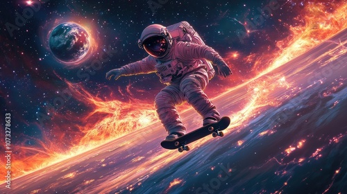 An astronaut in a spacesuit riding a skateboard in space, with a view of Earth and fiery trails in the background.