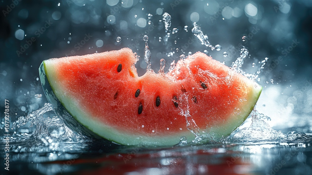 A juicy slice of watermelon splashes into water with a burst of droplets. A juicy slice of watermelon splashes into water with a burst of droplets.