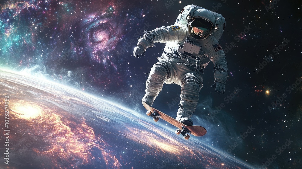 Astronaut skateboarding in space, with a galaxy and planet in the background. Astronaut skateboarding in space, with a galaxy and planet in the background.