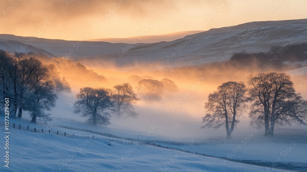 A winter sunrise casting a soft golden light over a snow-covered valley, with mist rising from the trees A winter sunrise casting a soft golden light over a snow-covered valley, with mist rising from the trees