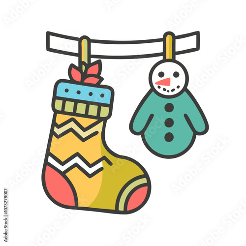 Christmas stocking and snowman decoration hanging on a festive line, cheerful atmosphere 