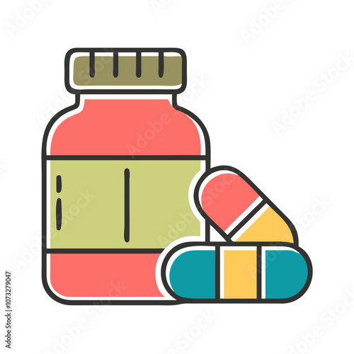 Bottle of dietary supplements with colorful pills, health and wellness concept 