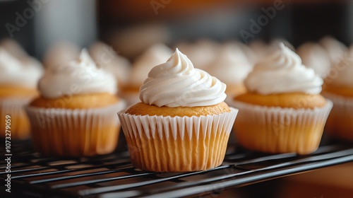 A single cupcake with white frosting sits in the foreground with a row of other cupcakes blurred in the background.