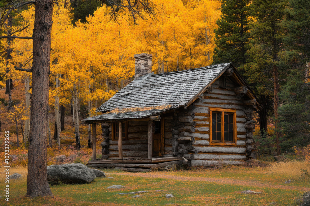 Rustic log cabin amidst vibrant autumn foliage, set against a tranquil forest backdrop, highlighting the serene beauty of nature in the fall season. Rustic log cabin amidst vibrant autumn foliage, set against a tranquil forest backdrop, highlighting the serene beauty of nature in the fall season.