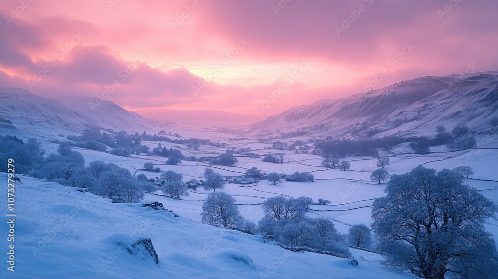 Obraz premium A wintry sunrise casting a soft pink light over snow-covered hills and mountains