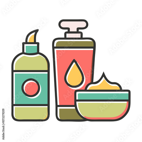 Colorful skincare icons, beauty products in minimalistic design, ideal for graphic projects, copy space