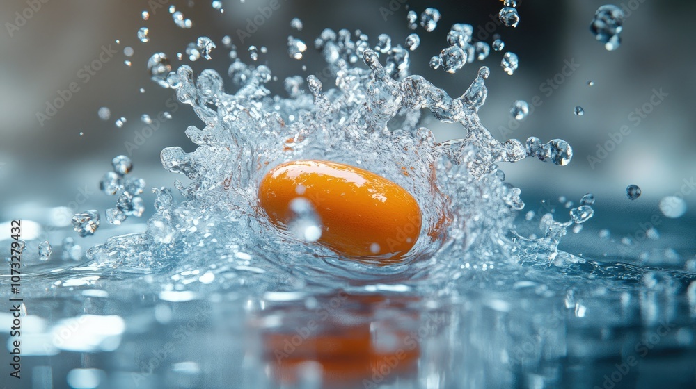 A single orange sphere splashes in a clear liquid, creating a beautiful crown of water droplets. A single orange sphere splashes in a clear liquid, creating a beautiful crown of water droplets.