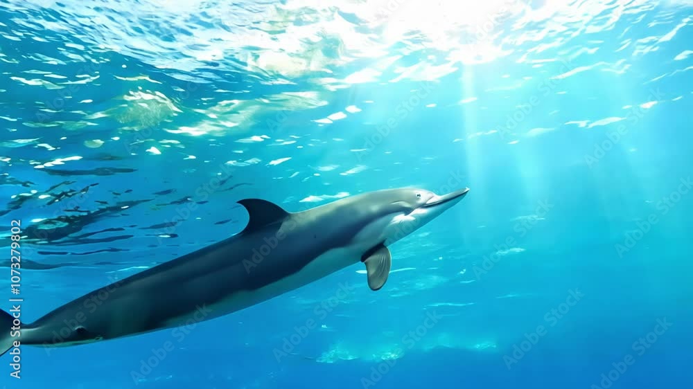 Underwater view of a dolphin swimming gracefully in the ocean. A serene ...