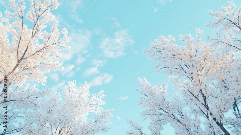 Snow-covered trees against a pale blue sky, with a serene winter atmosphere Snow-covered trees against a pale blue sky, with a serene winter atmosphere