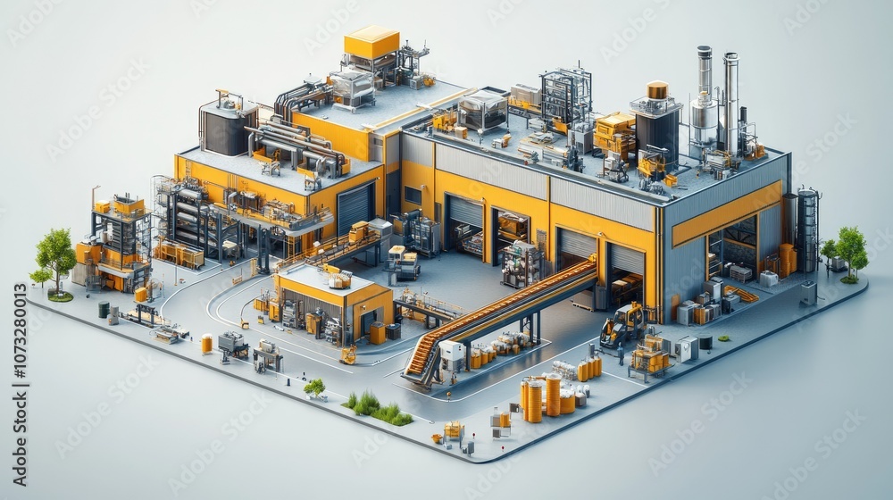 Isometric 3D rendering of a factory with various buildings and machines. Isometric 3D rendering of a factory with various buildings and machines.