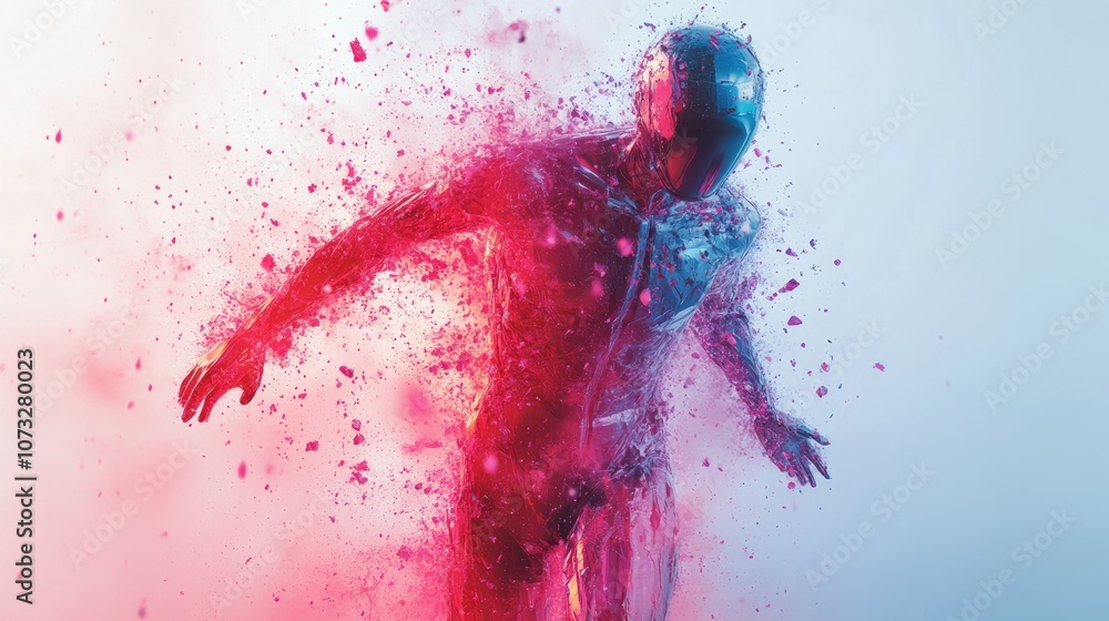 A futuristic figure, rendered in 3D, explodes into a vibrant, surreal cloud of red and blue particles. A futuristic figure, rendered in 3D, explodes into a vibrant, surreal cloud of red and blue particles.