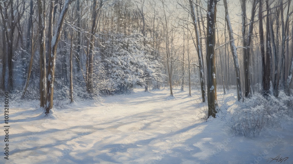 Soft light shining on fresh snow, casting delicate shadows in a peaceful winter forest Soft light shining on fresh snow, casting delicate shadows in a peaceful winter forest