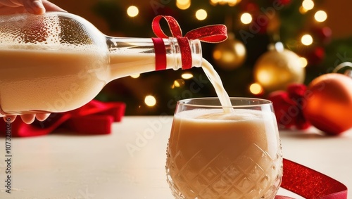 A festive scene showing a hand pouring creamy drink into a glass, decorated with red ribbon, amidst a glowing Christmas tree background. photo