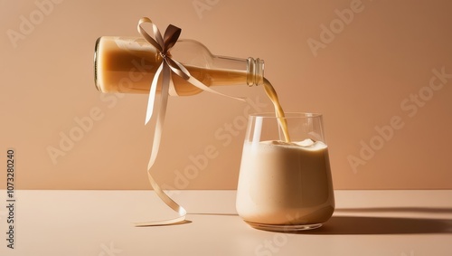 A glass of creamy beverage is being poured from a decorated bottle, creating an elegant and inviting display against a soft background.