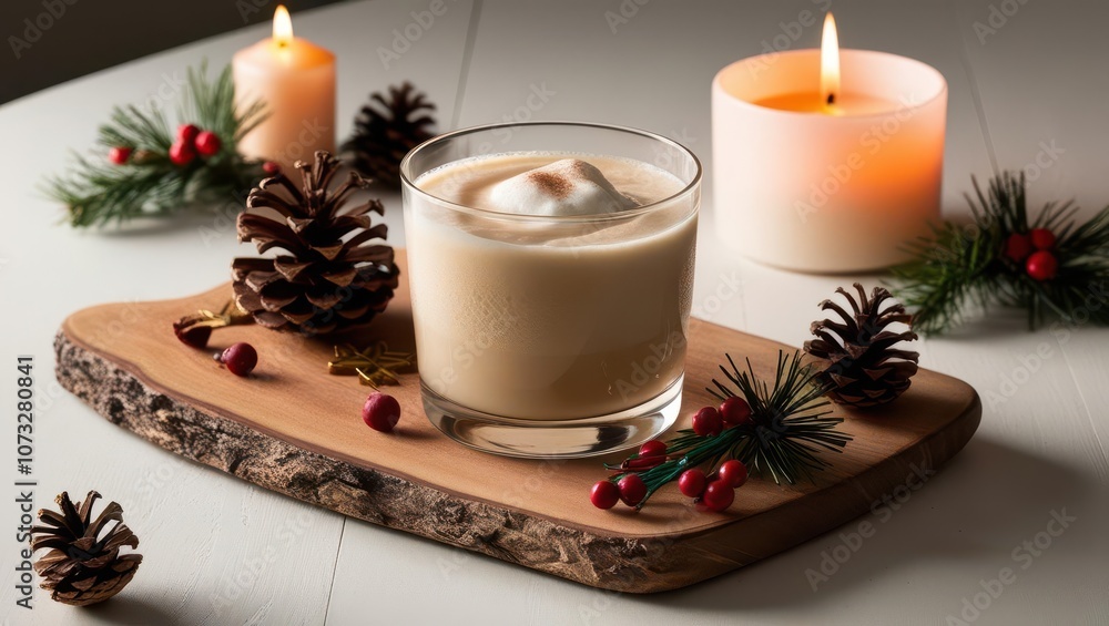 A cozy winter scene featuring a creamy drink, pinecones, and candles, capturing the warmth of the holiday season. A cozy winter scene featuring a creamy drink, pinecones, and candles, capturing the warmth of the holiday season.