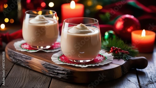 Two glasses of festive eggnog topped with cream, set on a wooden board, surrounded by candles and Christmas decorations, creating a warm holiday atmosphere.