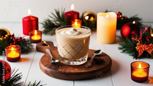 Wallpaper Mural A cozy dessert scene featuring a creamy drink surrounded by festive candles and holiday decorations, perfect for winter celebrations. Torontodigital.ca