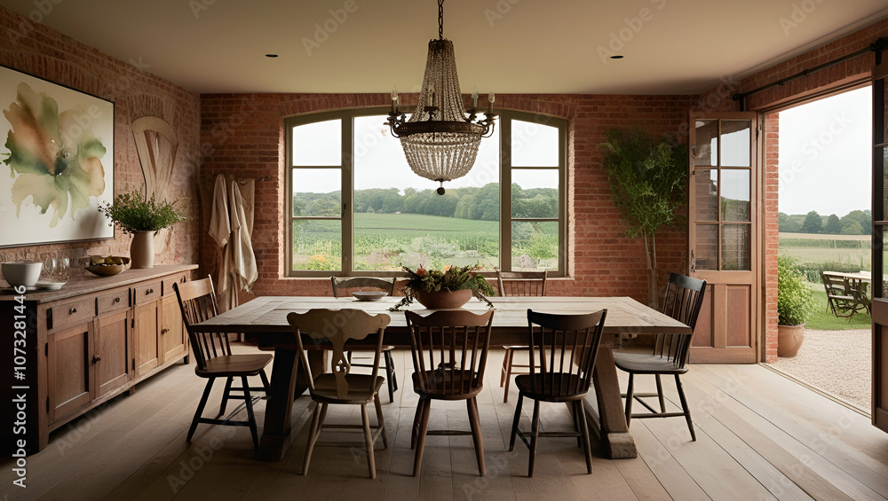 Obraz premium Warm Country-Style Dining Area with Vintage Chandelier