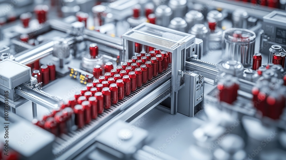 Automated production line with red cylindrical objects moving on a conveyor belt. Automated production line with red cylindrical objects moving on a conveyor belt.