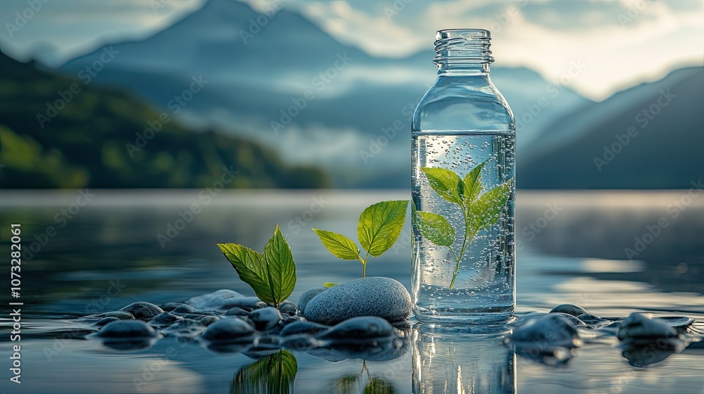 A clear plastic bottle filled with water and a small plant is placed on rocks near a lake with a mountain in the background. A clear plastic bottle filled with water and a small plant is placed on rocks near a lake with a mountain in the background.