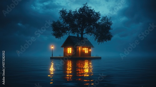 A small cottage on a tiny island in the middle of a lake with a single lamp post illuminating the scene.