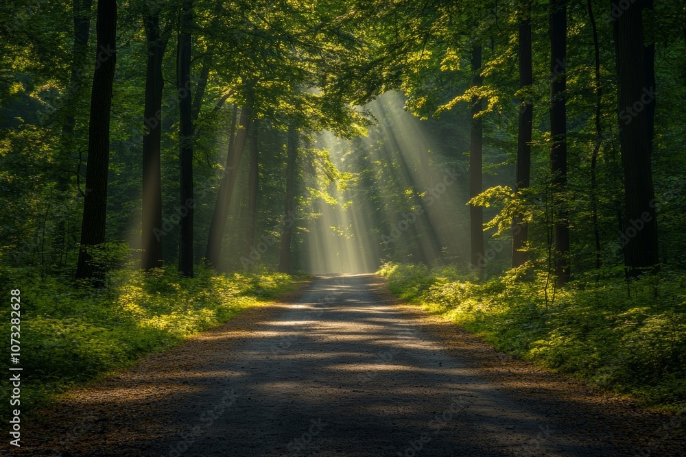 Fototapeta premium A forest path with sunlight shining through the trees